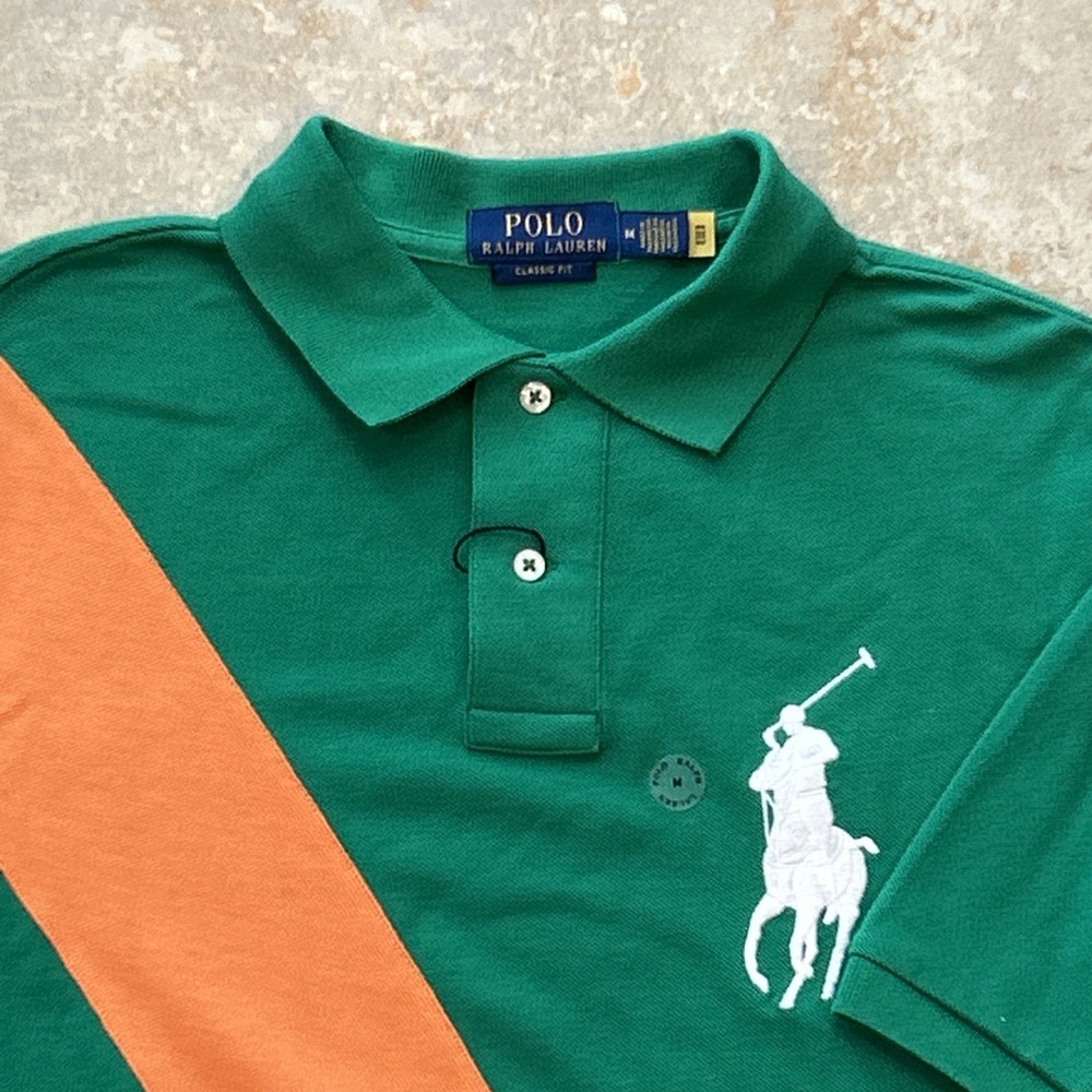 Polo Ralph Lauren Shirt Mens M Green Orange Colorblock Big Pony Mesh Pique Polo